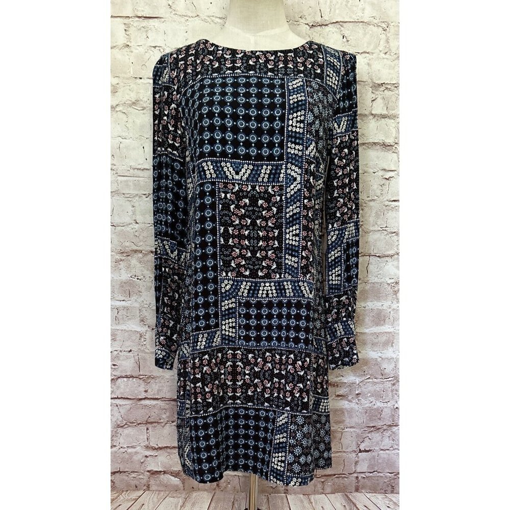 LOFT Womens Shift Dress Size 2 Black Blue Patchwork Ditsy Floral Long Sleeve